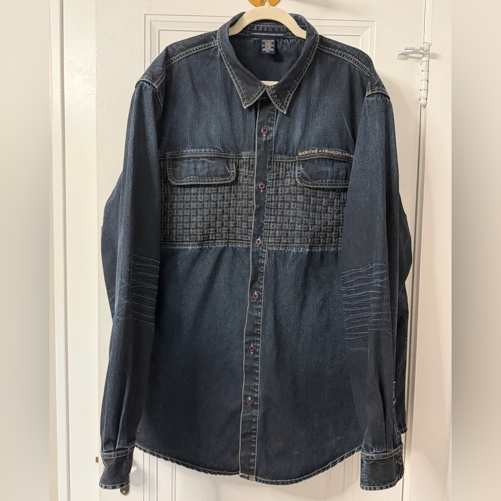 Marithé François Girbaud denim shacket, a hybrid button-front shirt-jacket XXL